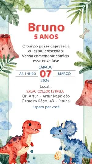 Convite de Aniversário Dinossauros Aquarela para Editar