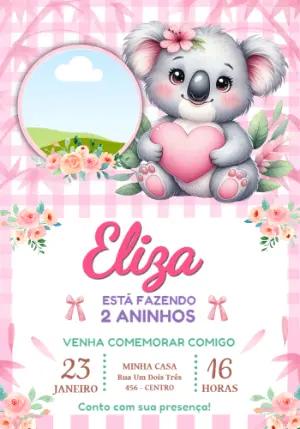 Convite de Aniversário Coala Fofo Rosa com foto