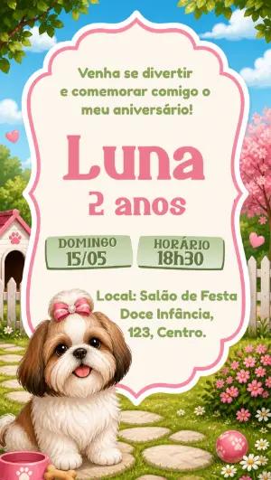 Convite de Aniversário Cachorrinha Shih Tzu Fofo Editável