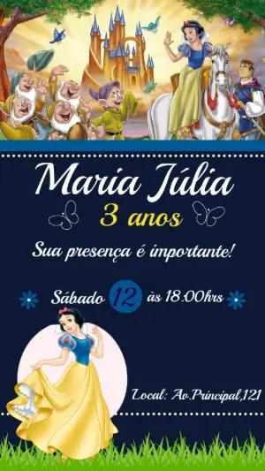 Convite de Aniversário Branca de Neve Editável para Festa Infantil