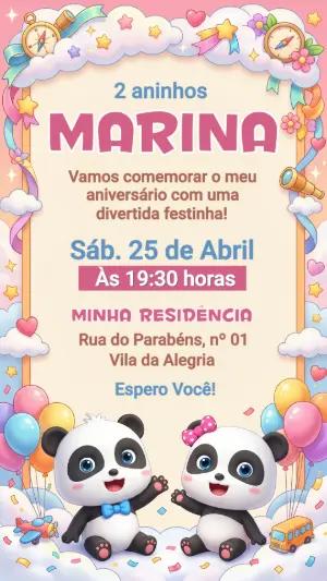 Convite de Aniversário Infantil Pandas Fofos Editável