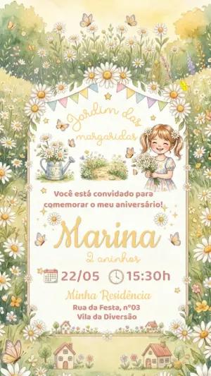 Convite de Aniversário Jardim das Margaridas Aquarela Editável
