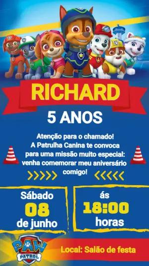 Convite de Aniversário Patrulha Canina Digital para Editar