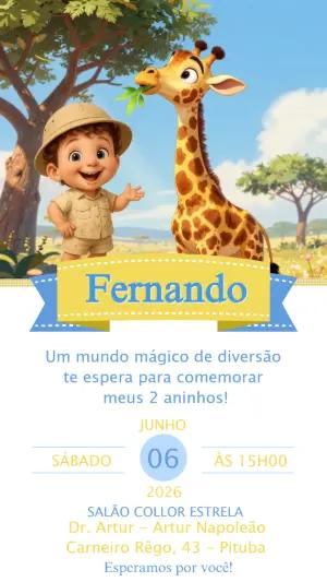 Convite de Aniversário Safari com Girafa 3D para Editar