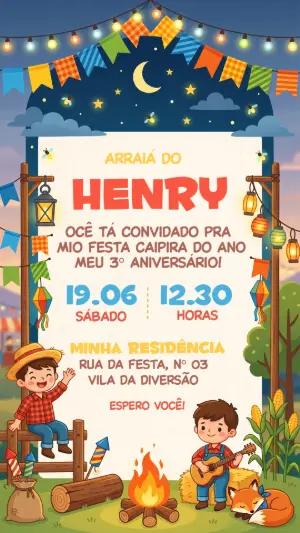 Convite de Aniversário Festa Junina Arraiá Infantil Editável