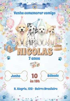 Convite de Aniversário Cachorrinhos Aquarela Editável