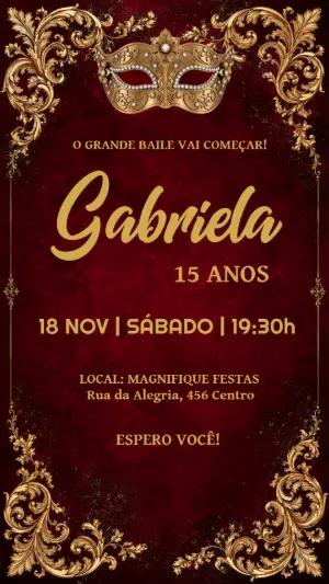 Convite 15 Anos Baile de Máscaras Vermelho e Dourado Editável