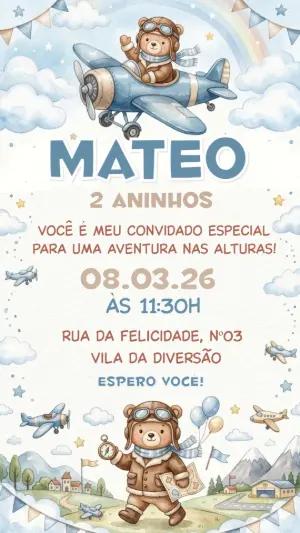 Convite de Aniversário Ursinho Aviador Aquarela Editável