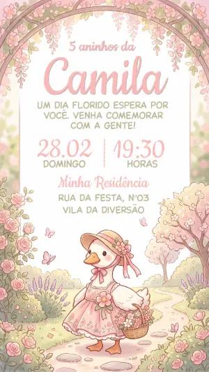 Convite de Aniversário Ganso Menina no Jardim Floral Editável