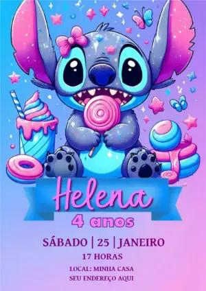 Convite de Aniversário Stitch Rosa e Azul com Brilho para Editar