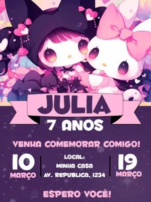 Convite Aniversário Kuromi e My Melody para Editar Online
