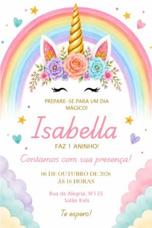 Convite de Aniversário Unicórnio Mágico Aquarela para Editar