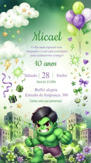 Convite de Aniversário Hulk Aquarela para Editar