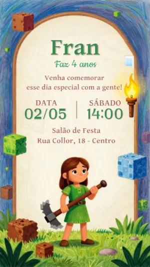 Convite de Aniversário Aventura de Blocos Editável