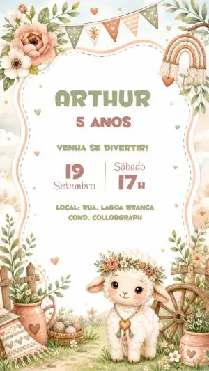 Convite de Aniversário Ovelhinha Boho para Editar