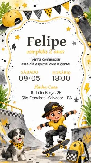 Convite de Aniversário Skate Editável em Aquarela