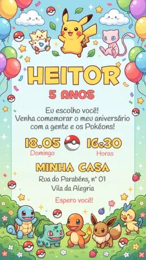 Convite de Aniversário Pokémon Infantil Colorido para Editar