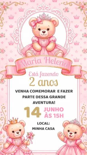 Convite de Aniversário Ursinha Princesa Rosa para Editar