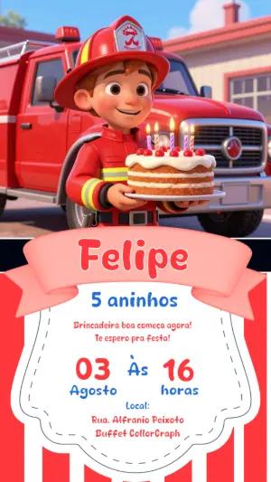 Convite de Aniversário Bombeiro Infantil 3D para Editar