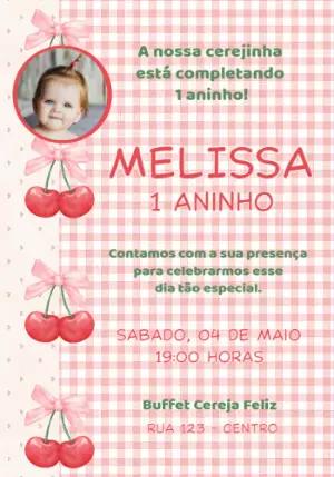 Convite de Aniversário Cerejinha com Foto para Editar Online