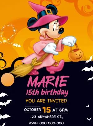 Minnie Witch Halloween Birthday Invitation - Editable Template