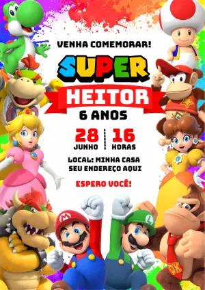 Convite Aniversário Super Mario com Personagens para Editar Online