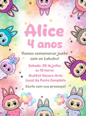 Convite Aniversário Labubu Editável com Personagens Fofos