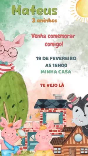 Convite Animado Aniversário 3 Porquinhos para Editar Online
