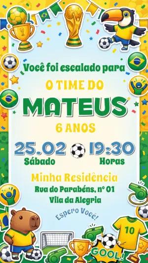 Convite de Aniversário Futebol Brasil Copa do Mundo Editável