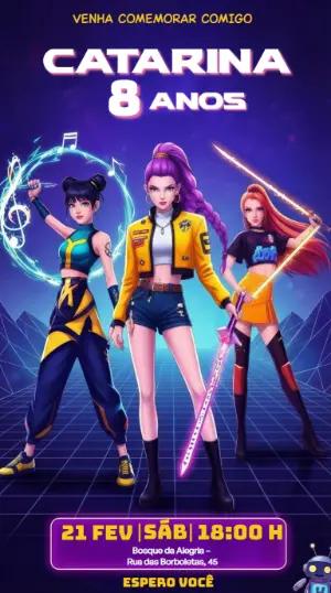 Convite de Aniversário Guerreiras do K-pop Gamer Neon Editável