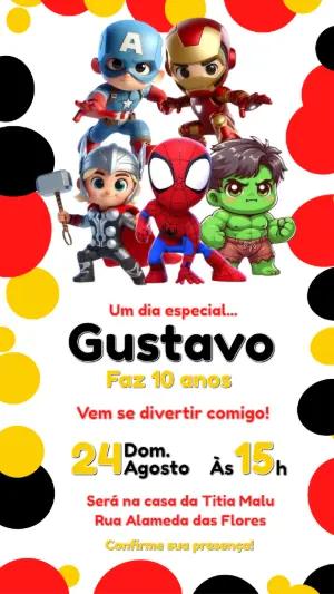 Convite Digital Heróis Baby para Aniversário Infantil Editável