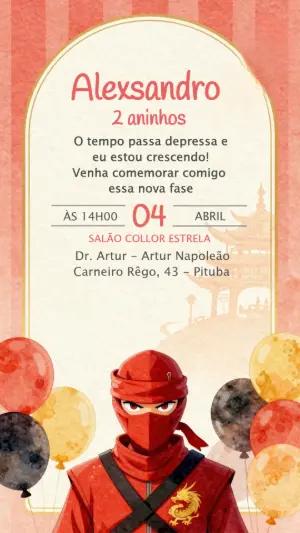 Convite de Aniversário Infantil Tema Ninja Vermelho Editável
