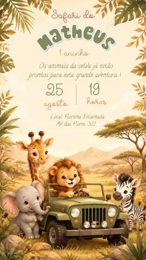 Convite Digital Aniversário Safari com Animais Fofos Editável