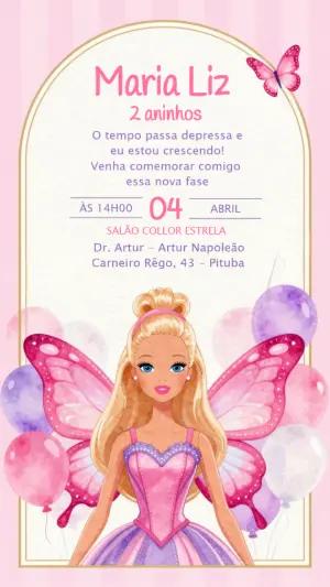 Convite de Aniversário Barbie Fada Rosa e Lilás para Editar