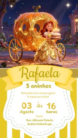 Convite de Aniversário Princesa e Carruagem Dourada Editável