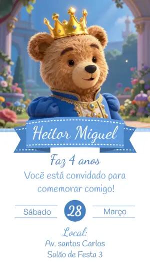 Convite de Aniversário Urso Príncipe Realeza Editável