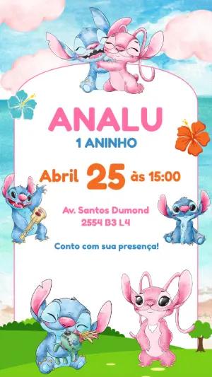 Convite de Aniversário Stitch e Angel para Editar Online