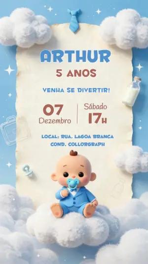 Convite Aniversário Menino Fofo nas Nuvens para Editar