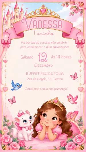 Convite Digital Aniversário Princesa Aquarela Editável