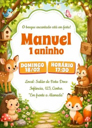 Convite de Aniversário Bosque Encantado Fofo para Editar