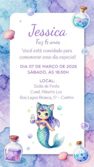 Convite de Aniversário Sereia Gatinha Aquarela para Editar