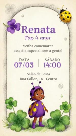Convite de Aniversário Joaninha Roxa e Trevo para Editar