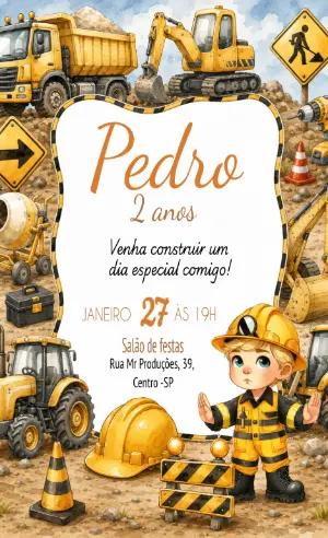 Convite de Aniversário Construção Infantil para Editar