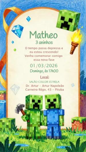 Convite de Aniversário Minecraft Desenhado para Editar