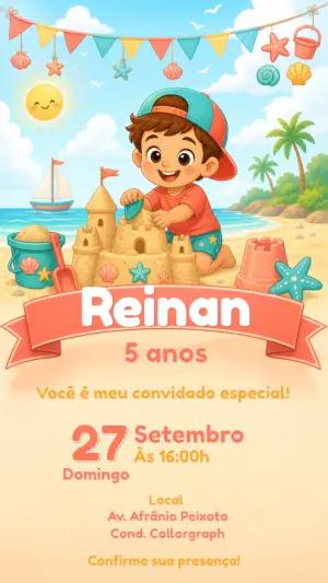 Convite de Aniversário Praia e Castelo de Areia Editável