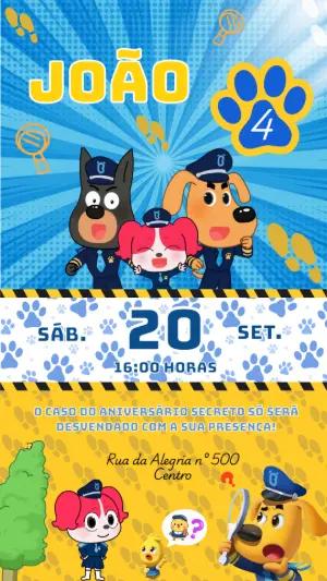 Convite Aniversário Cães Detetives para Editar Online