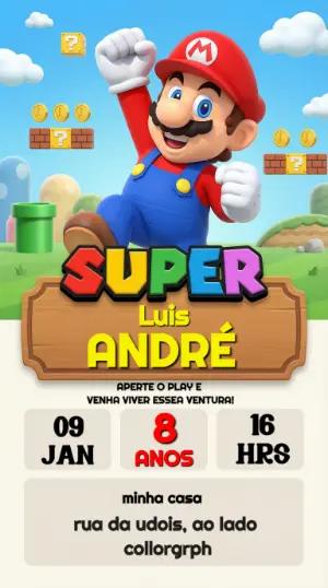Convite de Aniversário Super Mario 3D Colorido para Editar