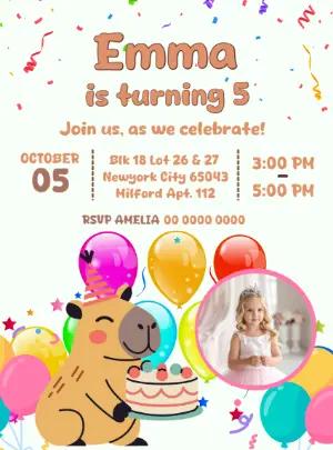 Cute Capybara Birthday Invitation Template to Edit with photo