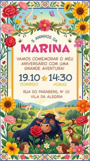 Convite de Aniversário Touro Amigável e Flores Modelo Editável