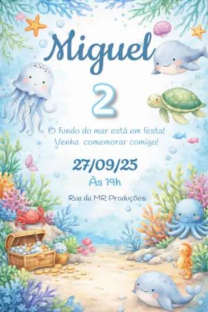 Convite de Aniversário Fundo do Mar Aquarela para Editar